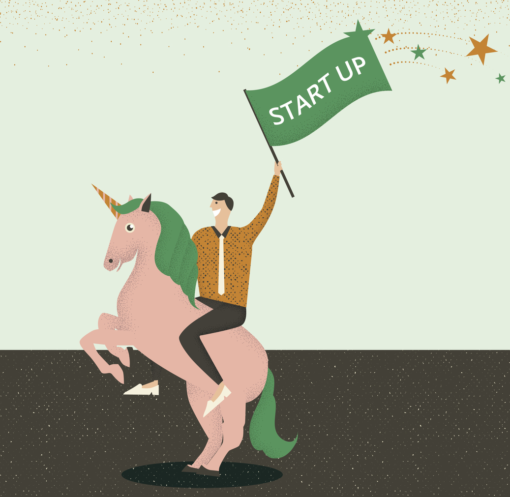 Businessman riding a unicorn with start up flag in his hand
