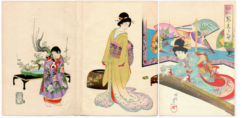 Une illustration japonaise ancienne présentant une femme et un ikebana